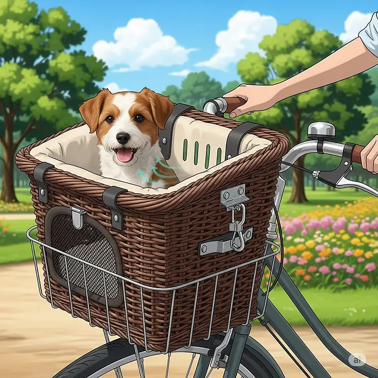 Illustration of a sturdy, wicker-style front bike dog carrier basket, securely attached to handlebars, designed for small to medium dogs.