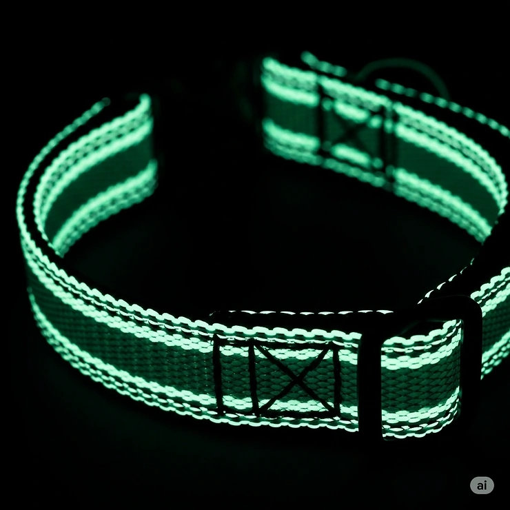 A close-up shot of the durable, high-quality material of a glow in the dark dog collar, showcasing its reflective and illuminating properties.
