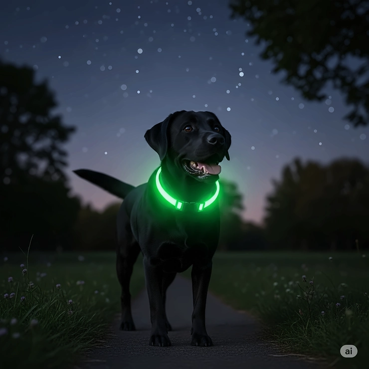 A happy black Labrador retriever wearing a bright green glow in the dark dog collar, visible on a nighttime walk through a park.