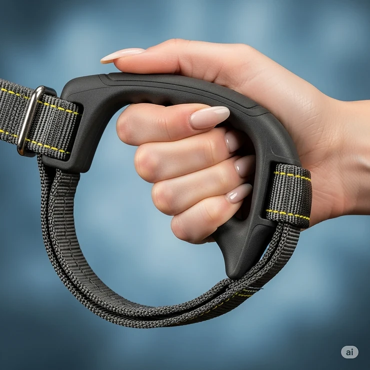 A persons hand firmly gripping the integrated handle of a dog collar, demonstrating enhanced control for large breeds.