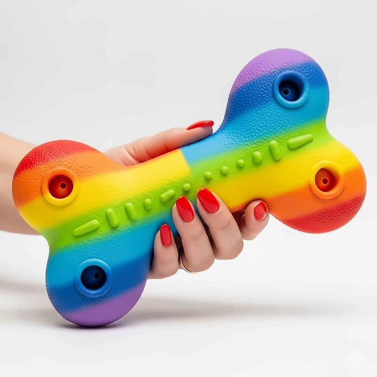 A person's hand holding a brand new, brightly colored dog bone toy, demonstrating its size and design.