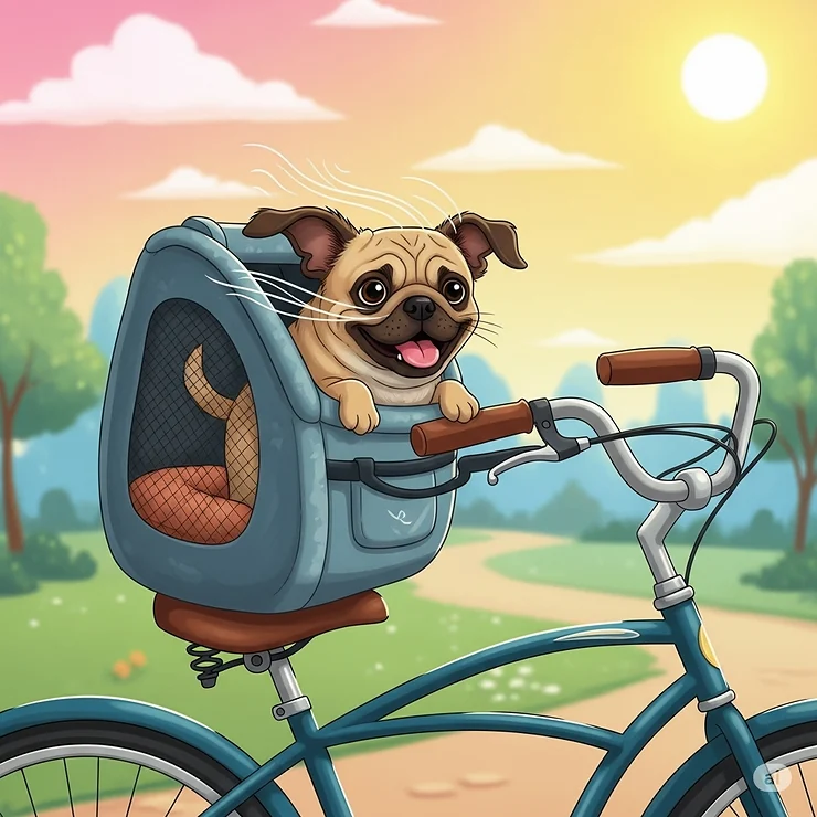 Whimsical illustration of a happy, small dog with floppy ears, looking out from a comfortable bike dog carrier, enjoying the wind on its face during a ride.