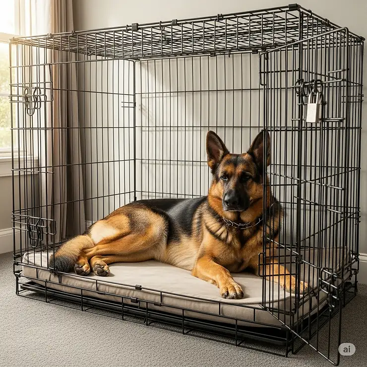 A German Shepherd comfortably resting inside a spacious heavy-duty dog crate, demonstrating ample room and secure containment for large, strong dogs.