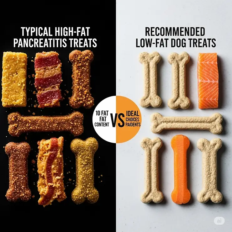 Visual comparison of typical high-fat dog treats versus recommended low-fat dog treats, highlighting the difference in appearance and implied health for pancreatitis patients.