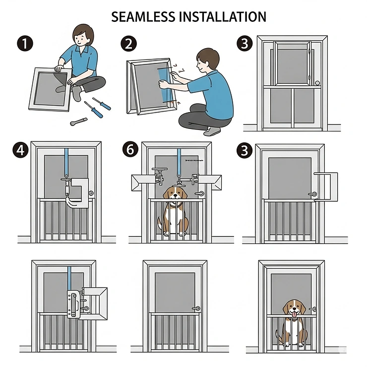 Step-by-step illustration showing a person easily installing a screen door guard for dogs with simple tools, emphasizing DIY friendly setup.