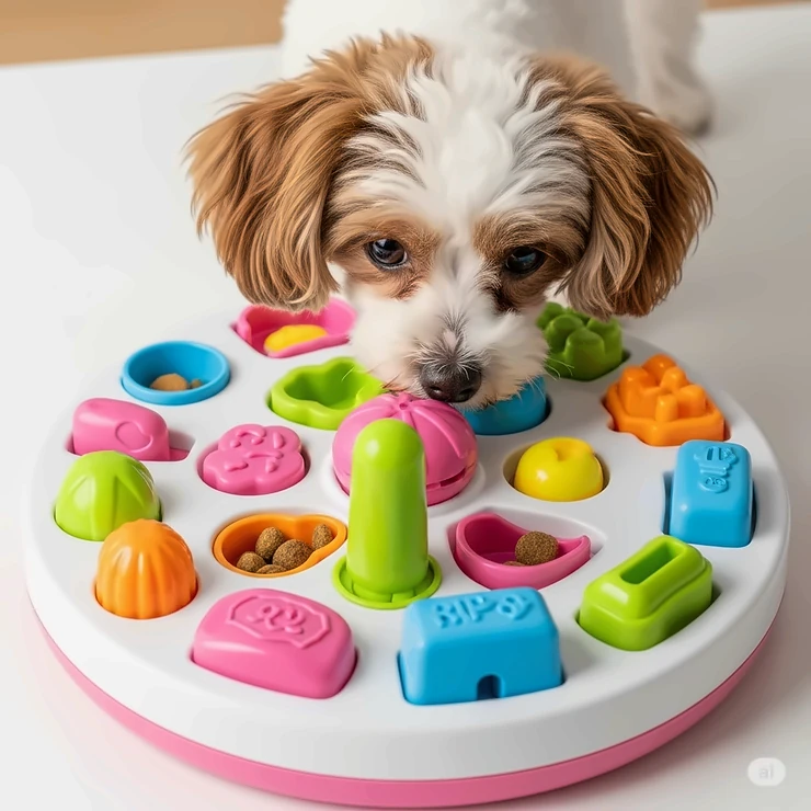 An engaging interactive puzzle toy filled with treats, stimulating a small dog's mind and providing hours of mental entertainment.