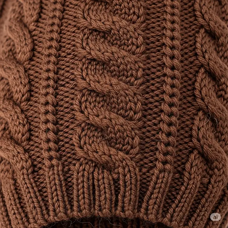 A close-up shot of the knitted fabric of a large, brown dog sweater.