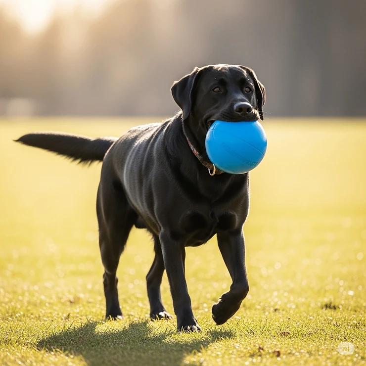 A large black lab proudly carrying a vibrant blue large dog ball in its mouth, perfectly sized for big breeds.