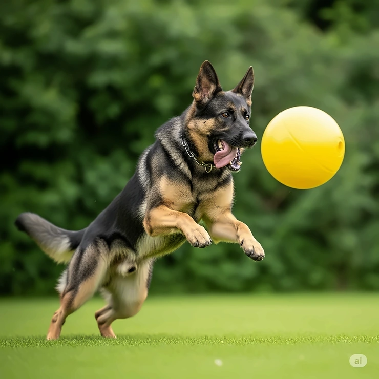 An energetic German Shepherd leaping to catch a yellow large dog ball in mid-air during an outdoor play session.