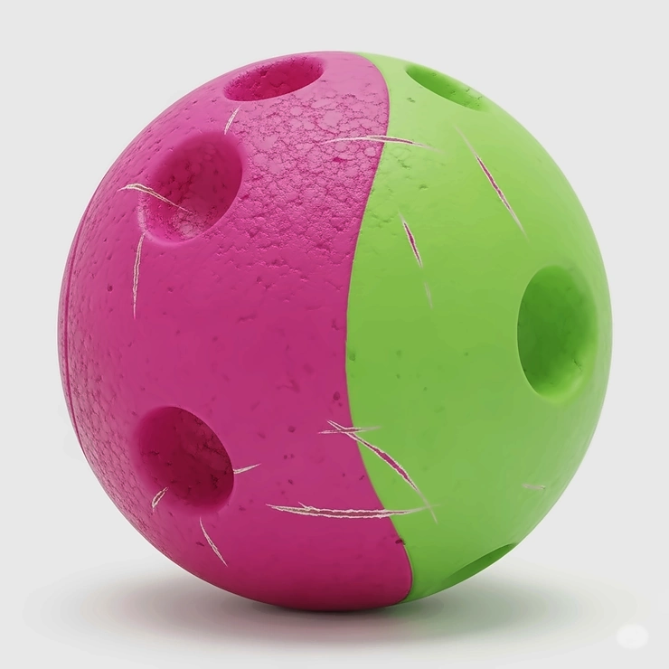 A heavy-duty large dog ball showing minor chew marks, demonstrating its resilience against powerful jaws.