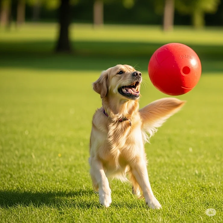 A happy golden retriever joyfully playing fetch with a durable red large dog ball in a grassy park.