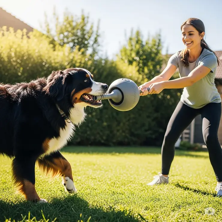 A large dog and its owner engaging in a game of tug, using a specially designed large dog ball with an integrated handle.