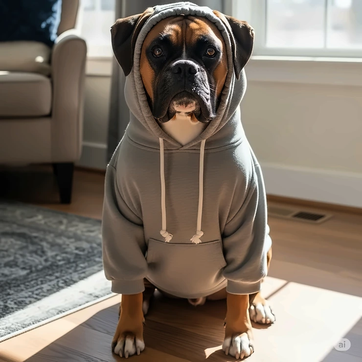 A large boxer dog wearing a comfortable, grey hoodie-style sweatshirt, sitting on the floor indoors.