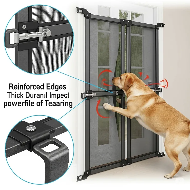 Illustration of a robust screen door guard designed for larger dog breeds, showcasing heavy-duty construction for powerful pets.