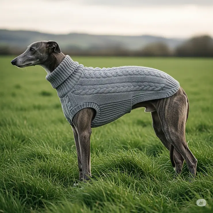 A side-view of a large grey hound dog standing in the grass, wearing a warm, grey wool sweater.