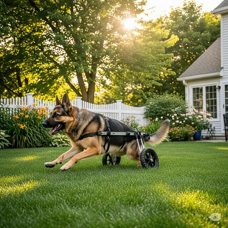 An energetic large dog, possibly a German Shepherd, happily running in a backyard with its large dog wheelchair, regaining independence.