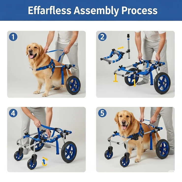 Step-by-step illustration showing the easy assembly process of a large dog wheelchair, designed for quick setup.
