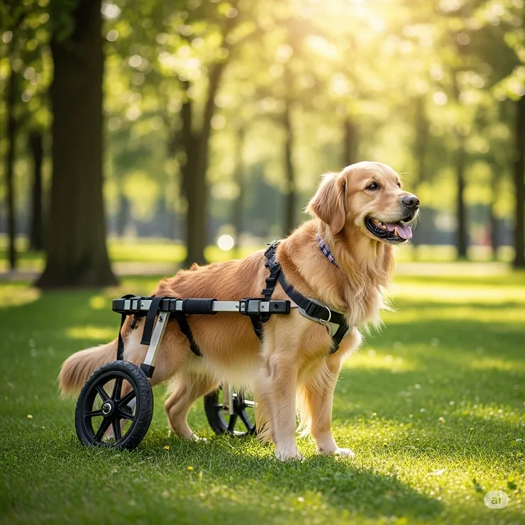 A happy golden retriever, a large dog breed, standing confidently in a custom-fit wheelchair, ready for a walk in a park.