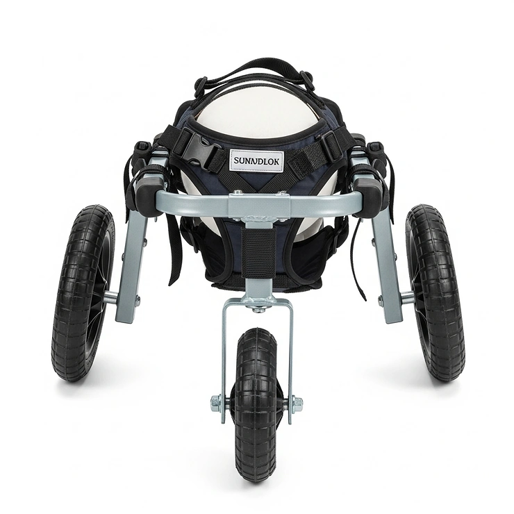 Front view of a sturdy large dog wheelchair, showcasing its durable frame and comfortable harness for a big canine.