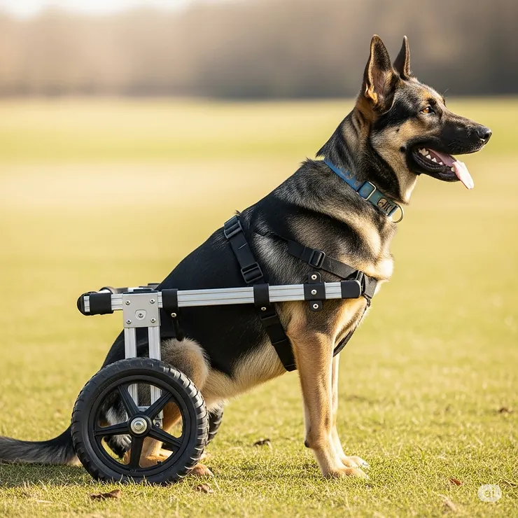 Side profile of a large dog wheelchair demonstrating its lightweight aluminum construction and all-terrain wheels designed for mobility.