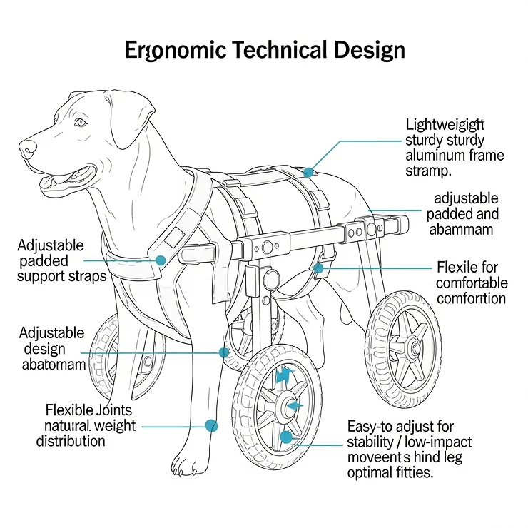 Diagram of a large dog wheelchair emphasizing its ergonomic and supportive design for dogs with mobility issues or hind leg weakness.