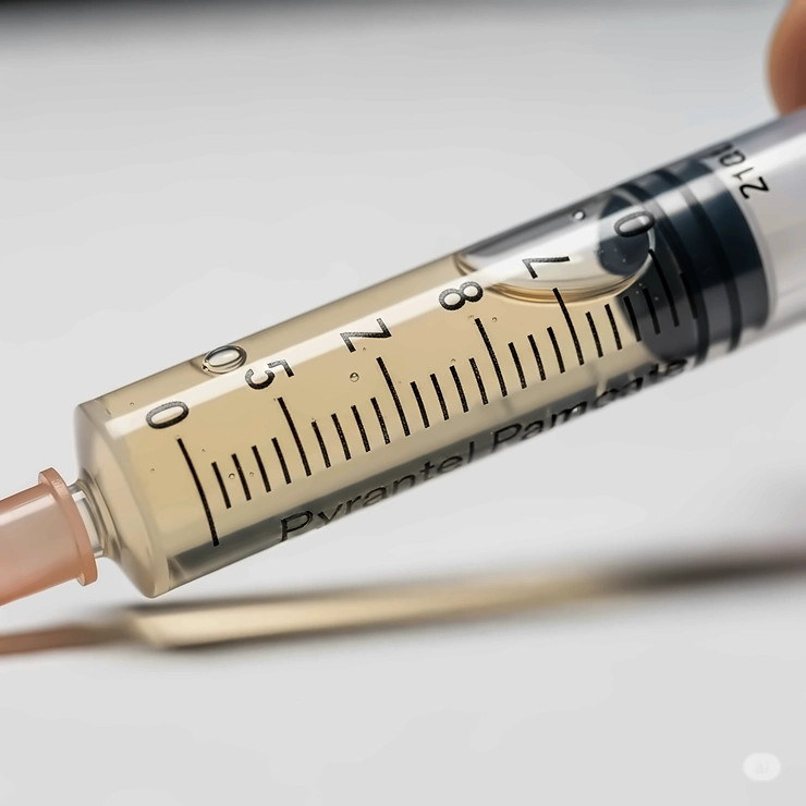 Close-up of a syringe accurately measuring liquid pyrantel pamoate, demonstrating the precise dosage for canine deworming.