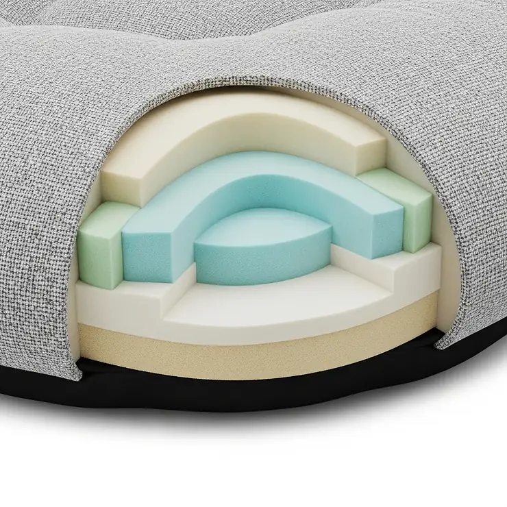 Cross-section view of an orthopedic round dog bed showing supportive memory foam layers for joint relief.