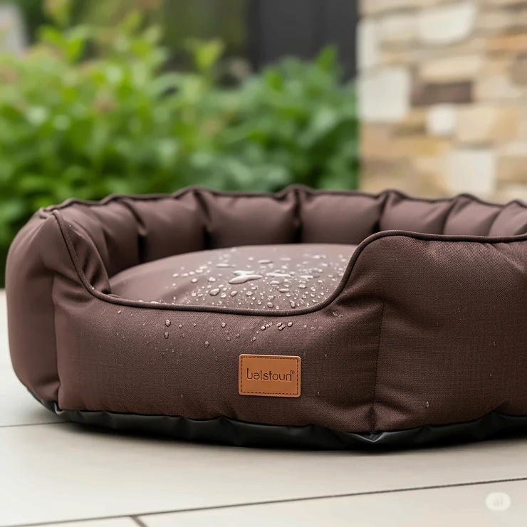 An image of a weatherproof round dog bed placed outdoors, suitable for patios and decks, highlighting its durable and waterproof fabric.