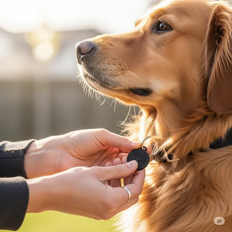 A human hand attaching a new, noise-reducing silent dog tag onto a dog's collar.