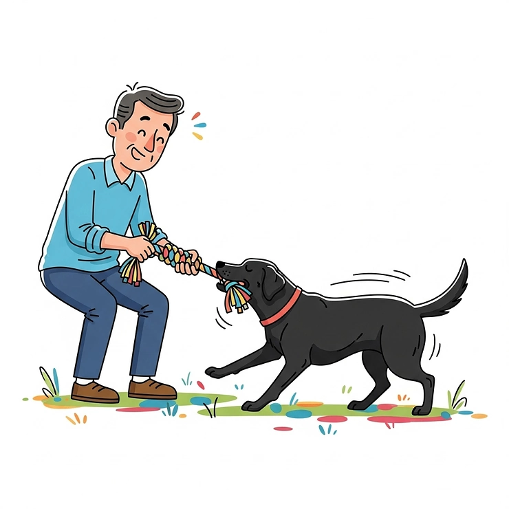 A graphic illustration of an owner and their dog happily interacting during a game of tug, emphasizing the bonding aspect of dog tug toys.