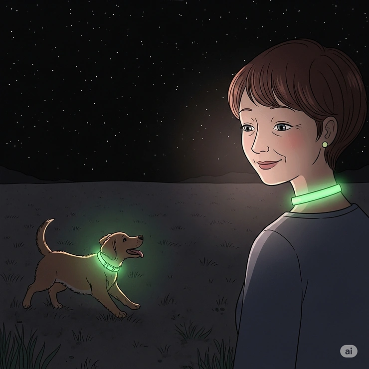 An illustration of a calm dog owner watching their pet from a distance at night, conveying the peace of mind provided by a highly visible glow in the dark dog collar.