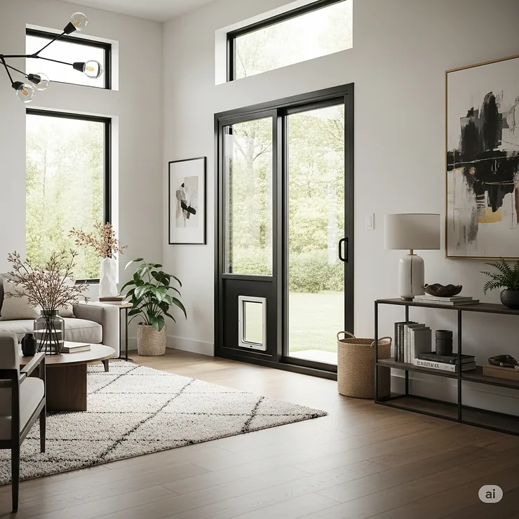 Stylish home interior featuring a sleek black sliding patio door with a discreet dog door, seamlessly blending with modern decor.