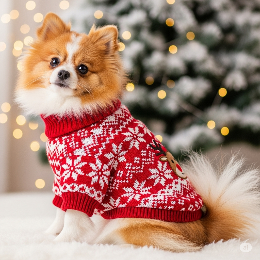 A fluffy Pomeranian wearing a festive, winter-themed dog sweater, highlighting the warmth and style suitable for small dogs during colder months.