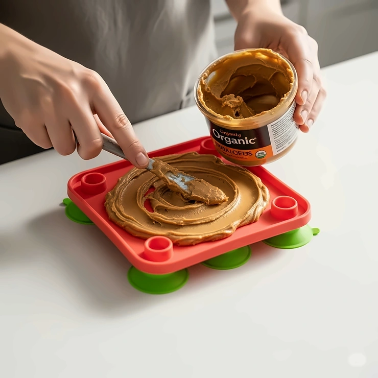 Hands spreading peanut butter onto a suction-cup lick mat, demonstrating how to prepare a healthy and engaging lick bowl for dogs.