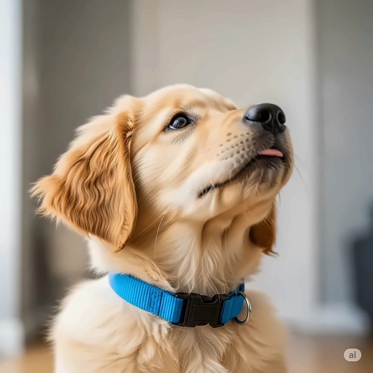 A cute golden retriever puppy wearing a blue adjustable nylon collar, looking up playfully.