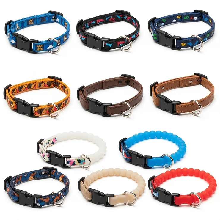 An assortment of small dog puppy collars made from durable nylon, soft leather, and lightweight silicone, ideal for growing pups.