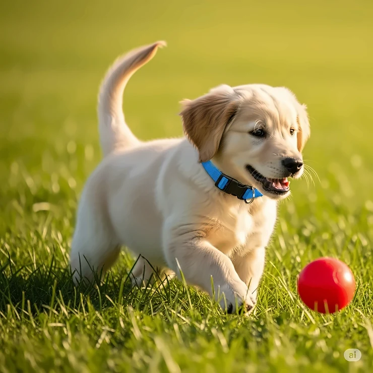 A happy small puppy actively playing outdoors while wearing a lightweight and comfortable collar designed for young, energetic dogs.