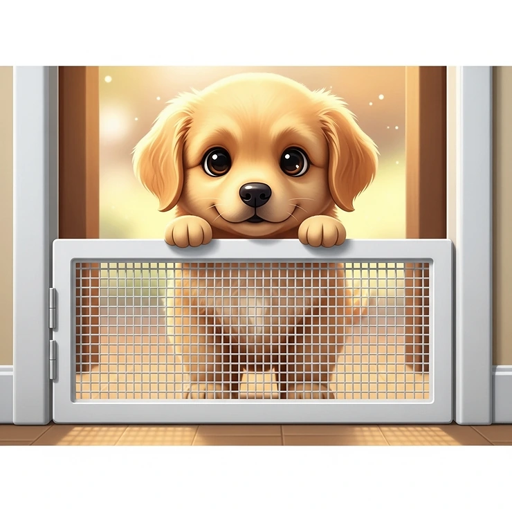 Cute cartoon puppy looking through a lower screen door guard, emphasizing safety and protection for young dogs and playful pets.