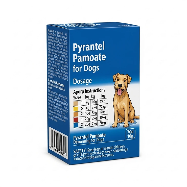 Packaging of a pyrantel pamoate product for dogs, with dosage instructions visible, illustrating the common presentation of this deworming medication.