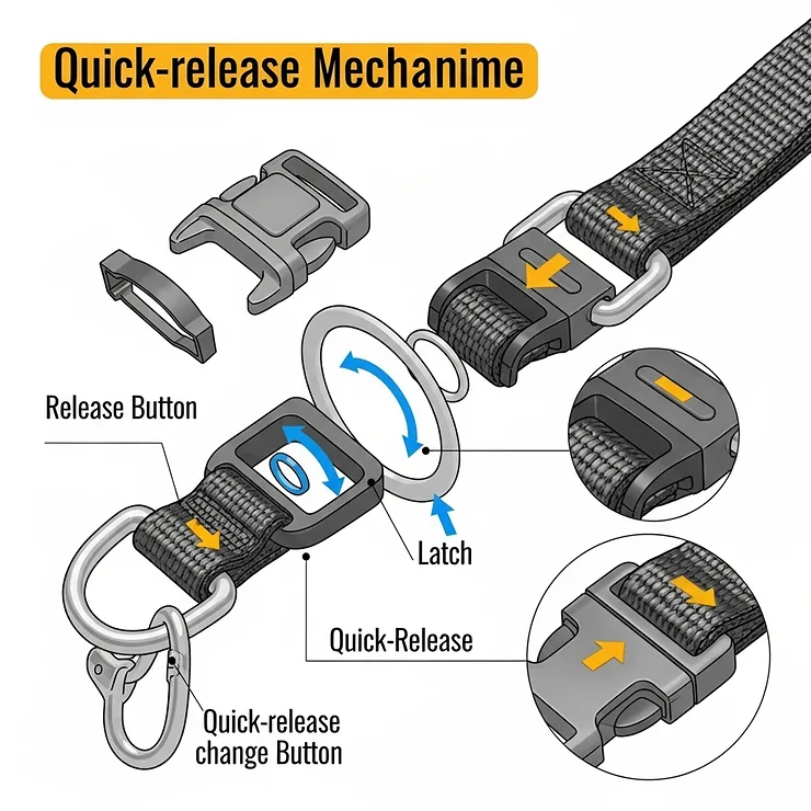 Diagram showing the quick-release mechanism of a dog collar attachment, emphasizing its ease of use for quick changes.