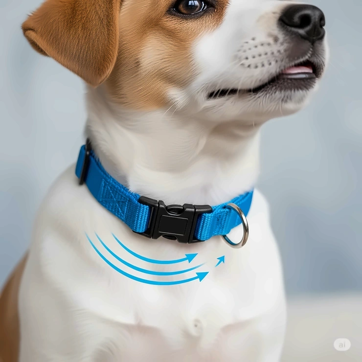 A close-up view of a small dog puppy collar featuring a safe and easy-to-use quick-release buckle for added security.
