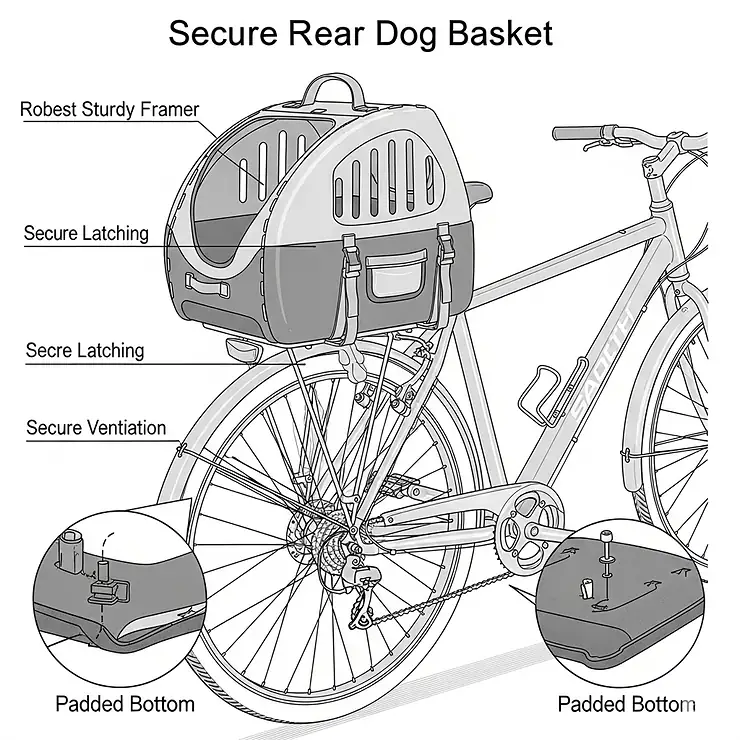 Diagram showcasing a secure rear bike dog carrier basket with a padded bottom, ideal for larger small dogs or medium-sized breeds, mounted over the back wheel.