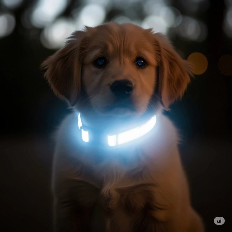 A small puppy wearing a reflective collar, illuminated in a dim setting, highlighting the importance of visibility for nighttime walks.