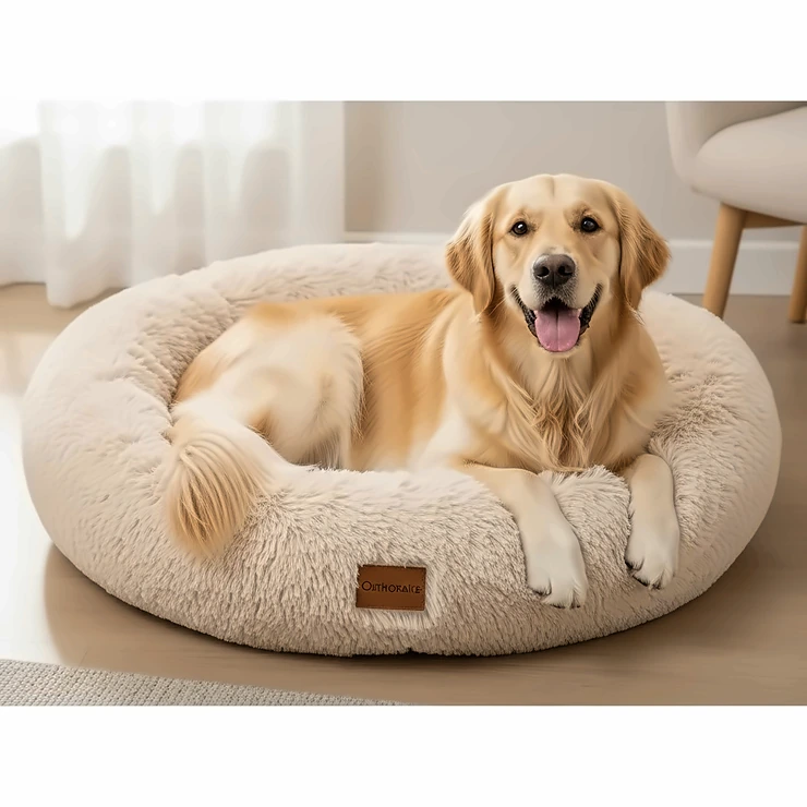 A plush, orthopedic round dog bed with a happy golden retriever curled up inside, showcasing ultimate comfort and support.
