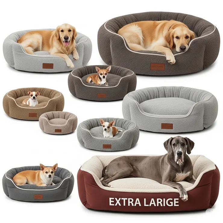 An array of round dog beds in various sizes, from small to extra-large, to accommodate all dog breeds.
