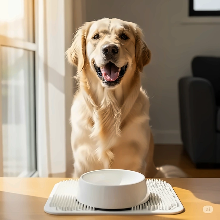 A happy and content dog with a clean, empty lick bowl in front of them, showing the satisfaction and enjoyment dogs get from using lick bowls.