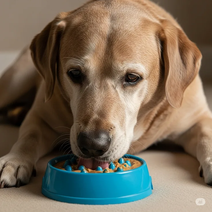 A gentle senior dog slowly enjoying a lick bowl, emphasizing that lick bowls are suitable for dogs of all ages and can aid in calming older pets.