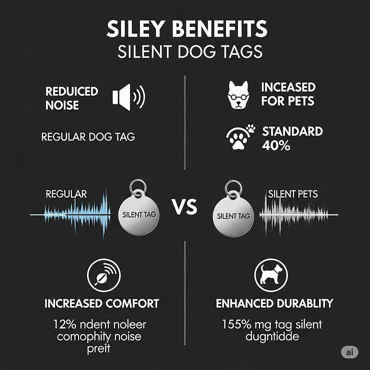 An infographic illustrating the key benefits of silent dog tags, such as reduced noise, comfort for pets, and durability.
