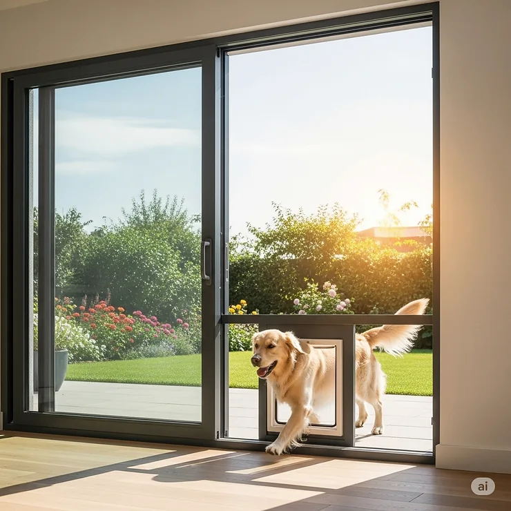 Modern sliding patio door with integrated dog door, featuring a happy golden retriever entering a bright backyard.