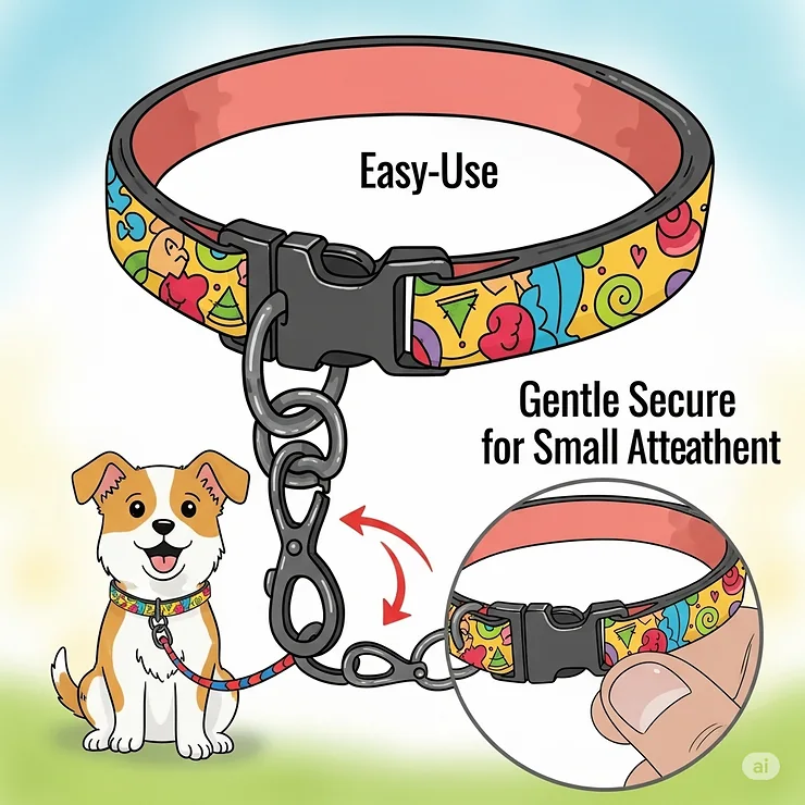 Illustration of a compact dog collar attachment, ideal for small dogs or puppies, demonstrating its secure fit.